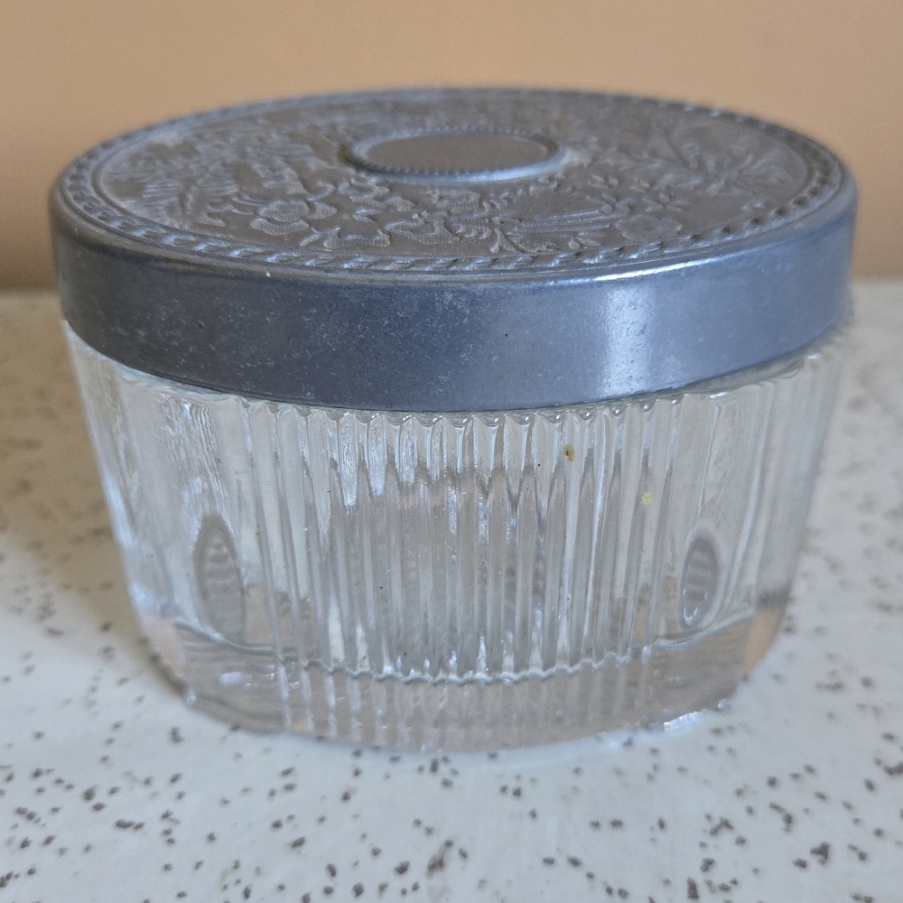 Avon Vintage Oval Glass Trinket Jar with Ornate Silver Lid
